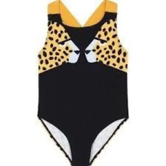 NWT Stella McCartney Kids black and yellow cheetah-print one-piece swimsuit. Si - Picture 2 of 10